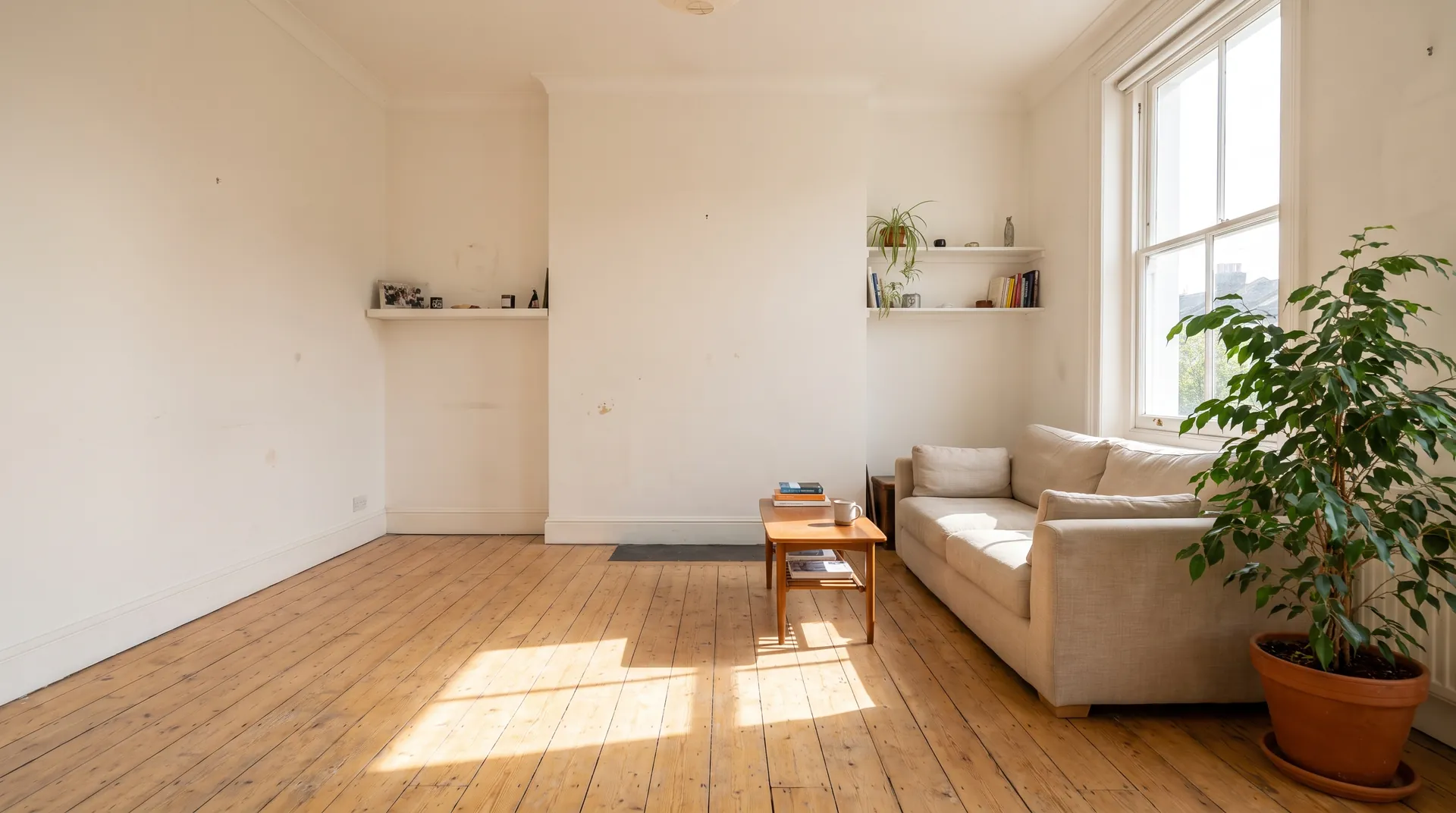 A bright, clean living room in morning sun